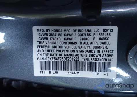 2013 Honda Civic Hybrid z USA, uszkodzony, nr VIN 19XFB4F26DE201922